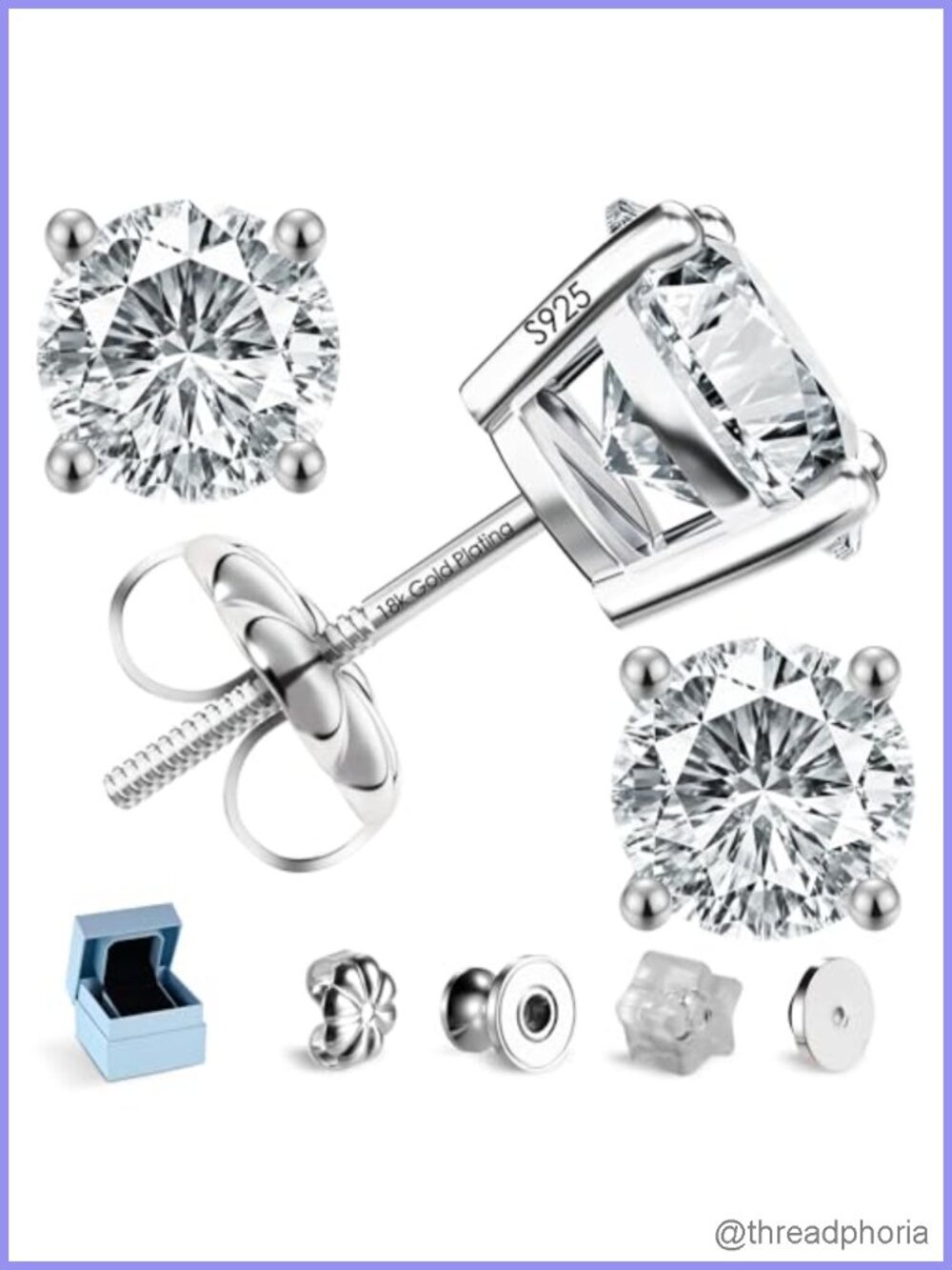 Moissanite Stud Earrings Screw Back Sterling Silver 18K White Gold Unisex